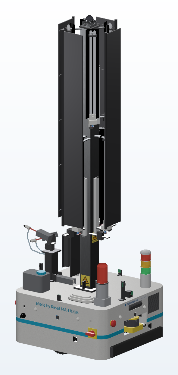CAD model of the Desinfecto robot with its UV-C lamp mast, spraying nozzles and safety sensors