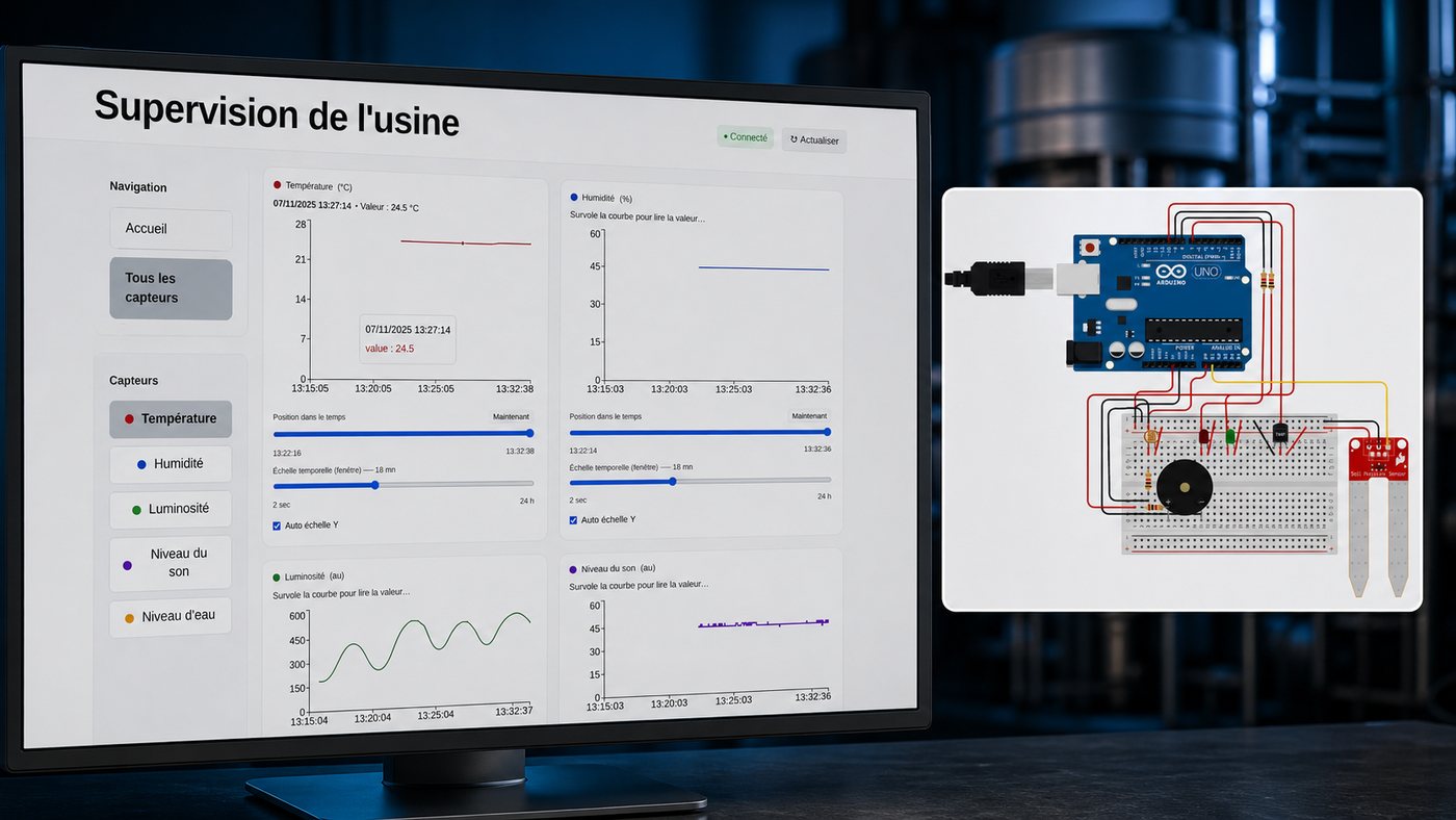 Factory supervision web interface with sensor charts, next to the Arduino UNO sensor wiring