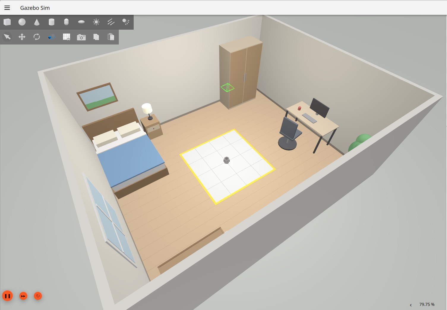 Gazebo simulation of a furnished bedroom with a TurtleBot3 at the center of a 2 by 2 meter area