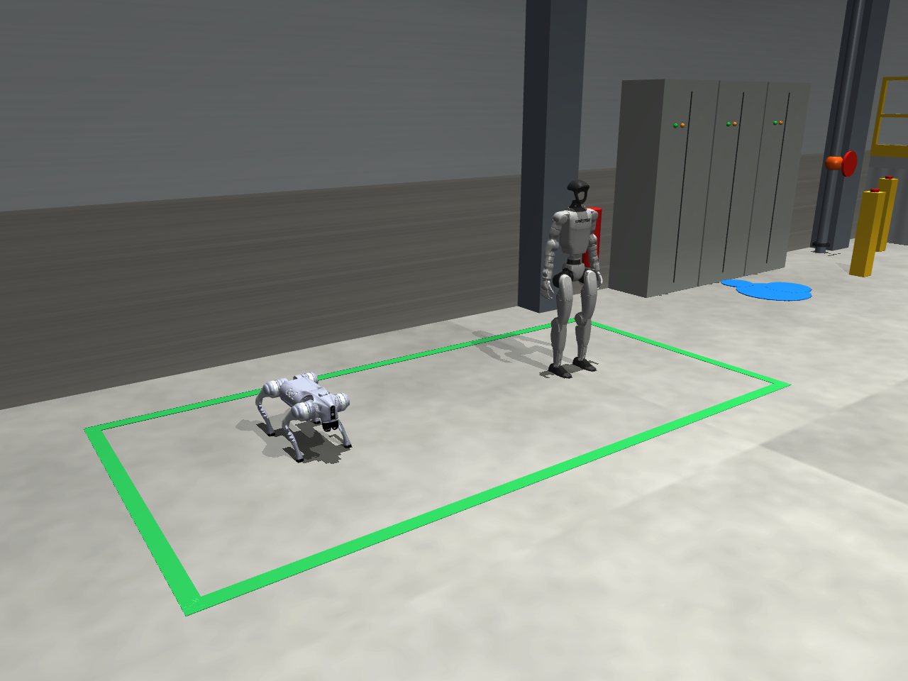 Unitree Go2 quadruped and G1 humanoid standing in a simulated industrial hall