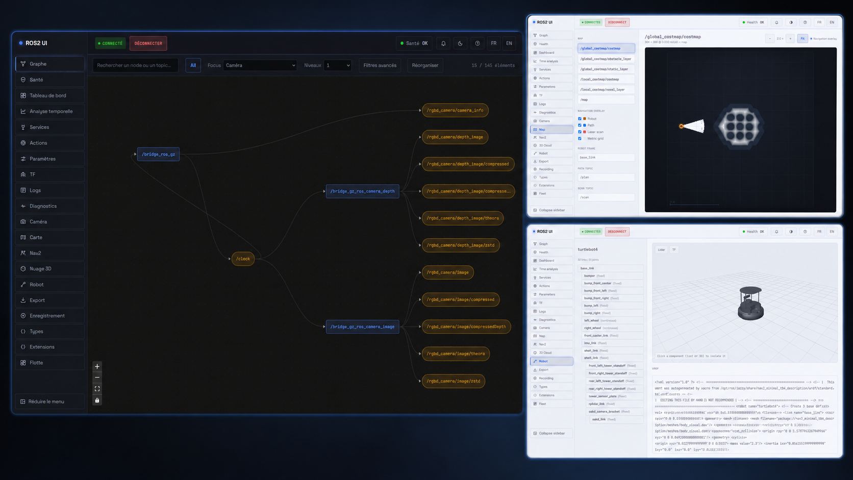 ROS2 UI platform showing the ROS graph, navigation map and 3D robot visualization