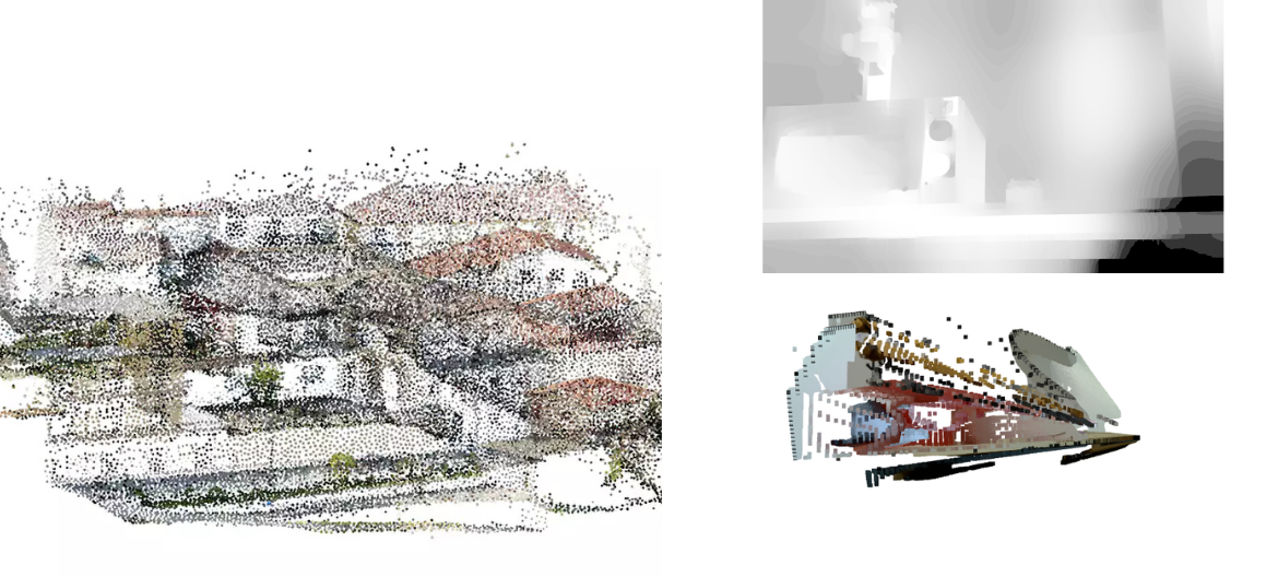 3D point clouds and a disparity map produced by the stereo reconstruction pipeline