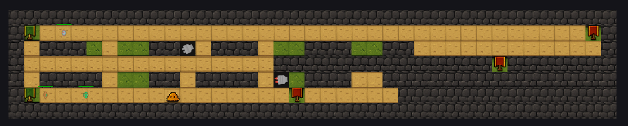 Tile-based tower defense map with paths, towers and enemies